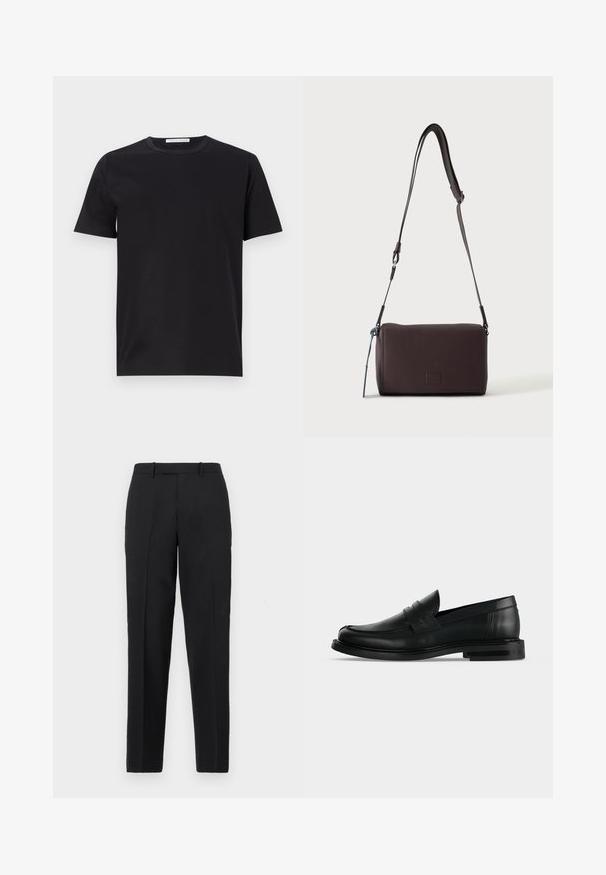 Schwarzes Baumwoll-T-Shirt mit rundem Halsausschnitt, kurzen Ärmeln und glatter Textur. Verfügt über ein sichtbares Markenetikett am Halsausschnitt.; Theory STRAIGHT - Stoffhose - deep black; Schwarzer Leder-Pennyloafer für Herren mit niedrigem, gestapeltem Absatz und abgerundetem Zehenbereich, von der Seite auf hellgrauem Hintergrund gezeigt.; Dunkelbraune, strukturierte Leder-Crossbody-Tasche mit verstellbarem Riemen und kleinem dekorativen blauen Akzent an der Seite.