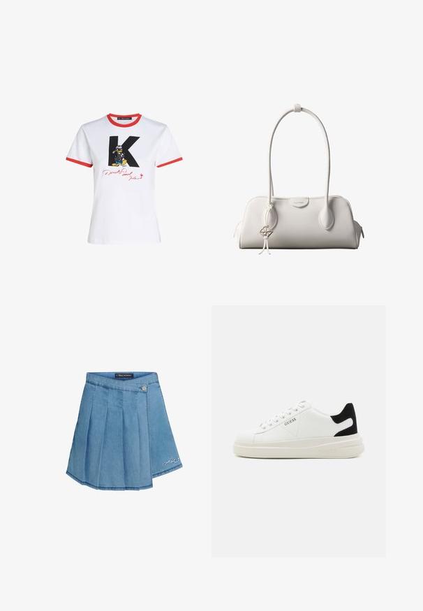Camiseta de algodón blanca con cuello y dobladillos de mangas rojos. Presenta un gráfico de un 'K' negro y Pato Donald con una firma en rojo.; Falda de mezclilla en azul claro con diseño plisado, cierre de botón metálico y detalle bordado en el dobladillo. Textura suave y forma de línea A.; Zapatillas blancas de cuero con una suela blanca gruesa, acento en el talón de ante negro y logo grabado en el lateral. Diseño de cordones con seis ojales.; Bolso de hombro blanco de Calvin Klein con asas largas, forma rectangular, cierre de cremallera y charm decorativo con el logo colgando cerca del asa.