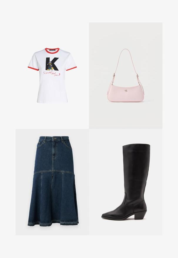 Camiseta de algodón blanca con cuello y dobladillos de mangas rojos. Presenta un gráfico de un 'K' negro y Pato Donald con una firma en rojo.; Falda de mezclilla en azul oscuro con forma acampanada, con cintura alta, bolsillos delanteros y un dobladillo sin rematar. Textura desgastada y detalles de costura.; Bota de cuero negra hasta la mitad de la pantorrilla con puntera puntiaguda y tacón bajo inclinado sobre un fondo claro y liso.; Pequeño bolso de hombro rosa pastel con correa delgada y logo plateado "CK" centrado sobre fondo liso.
