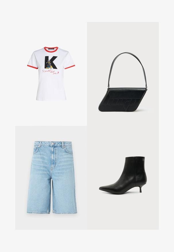 Hvid bomulds t-shirt med rød halsudskæring og ærmekanter. Har et sort 'K' og en Donald Duck grafik med en signatur i rød.; Lys blå denim shorts til knæet med forreste knap, lynlås, bæltestropper og sidelommer på en hvid baggrund.; Sort læder ankelstøvle med spids tå og lav kitten hæl på lys baggrund, der viser yderside.; Sort skuldertaske i læder med trekantet form, præget logo og en enkelt justerbar rem. Minimalistisk design med glat tekstur.