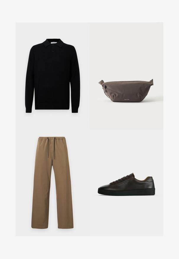 Polo shirt noir à manches longues en tissu doux, avec un col pointu, trois boutons et des poignets côtelés. Texture lisse sans motifs.; Pantalon marron à coupe droite avec taille élastique et cordons noirs, présenté sur un fond clair uni.; Baskets basses en cuir marron foncé avec semelle en caoutchouc noire, lacets à l'avant et design minimaliste épuré sur fond clair.; Sac banane en tissu marron foncé avec poche zippée en diagonale et petit logo blanc sur le devant, sur un fond clair uni.