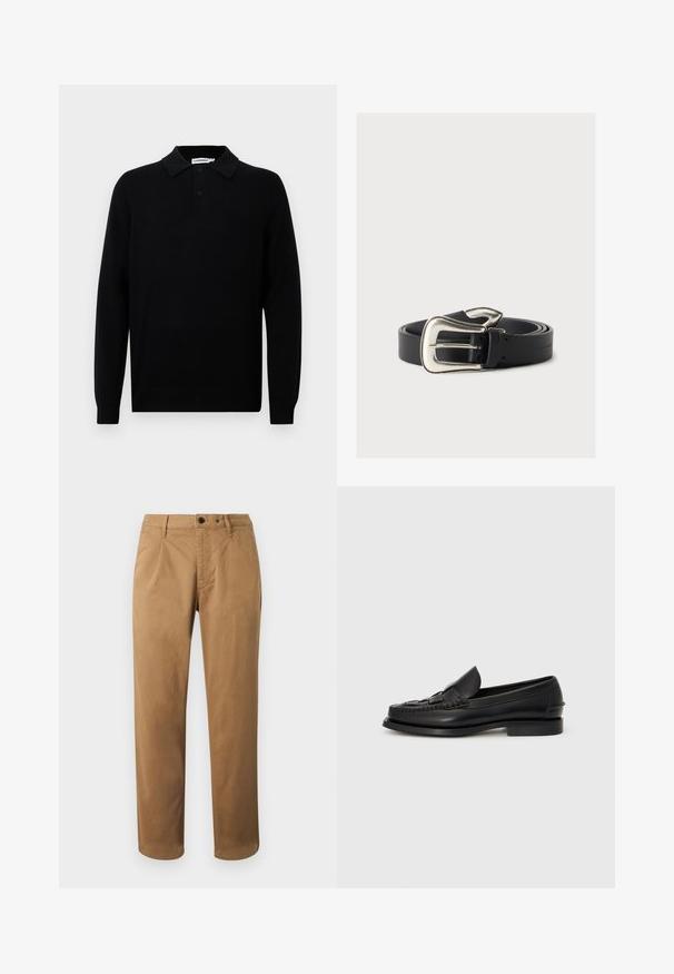 Polo shirt noir à manches longues en tissu doux, avec un col pointu, trois boutons et des poignets côtelés. Texture lisse sans motifs.; Chinos marron à jambes droites, plis à l'avant, deux poches avant et une seule poche arrière. Fabriqués dans un mélange de coton lisse.; Mocassin en cuir noir avec un détail tissé à l'avant, bout arrondi et petit talon. Texture lisse et design minimaliste.; Ceinture en cuir noir avec une grande boucle argentée de style western, enroulée sur un fond neutre.