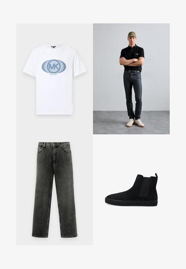 T-shirt blanc à manches courtes avec logo ovale rayé bleu "MK" et texte "Michael Kors" centré sur le devant.; Jean en denim noir délavé à jambes droites, avec poches avant, passants de ceinture et fermeture à bouton sur fond blanc.; Bottes chelsea noires en daim avec des panneaux latéraux élastiques et une semelle en caoutchouc noir texturé. Comprennent une languette à l'arrière pour un enfilage facile.; T-shirt polo noir avec logo doré, jeans en denim foncé et chaussures claires. Casquette olive avec logo. Modèle se tient les bras croisés contre un fond texturé.