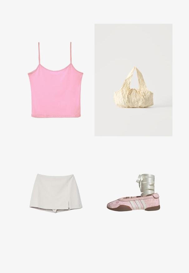 Crop top rose sans manches avec fines bretelles en spaghetti et encolure dégagée sur fond blanc.; Skort beige taille haute avec une petite fente à l'avant sur le côté droit, donnant l'apparence d'une jupe avec un short en dessous.; Ballerine rose avec texture florale, accents en cuir blanc et trois rayures blanches. Dotée d'une semelle souple et d'un ruban pour le laçage.; Sac à main en tissu texturé couleur crème avec des anses sur le dessus et un petit nœud noué au centre devant.