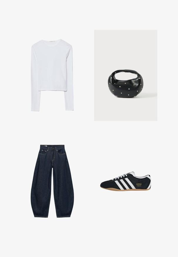 Crop top blanc à manches longues avec un col rond et une texture de tissu simple et lisse.; Jean en denim bleu foncé à jambes larges avec poches avant, passants de ceinture et fermeture par bouton à la taille.; Sneakers en suede noir avec trois bandes blanches, logo doré et semelle en caoutchouc marron. Présente un design à lacets à profil bas.; Sac à main en cuir noir de forme arrondie, décoré de clous argentés et équipé d'une poignée courte. Texture lisse et fermeture éclair.