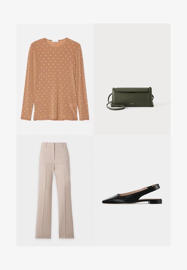 Braunfarbener Langarmoberteil mit rundem Halsausschnitt, verziert mit silbernen runden Pailletten, die in einem Punkte-Muster angeordnet sind.; Beige Hose mit geradem Bein, Gürtelschlaufen und vorderer Bügelfalte, flach auf weißem Hintergrund dargestellt.; Schwarzer Lederslingback-Flachschuh mit spitzer Zehenpartie und niedrigem quadratischem Absatz auf weißem Hintergrund.; Dunkelgrüne, strukturierte Leder-Crossbody-Tasche mit Klappenverschluss und dünnem verstellbarem Tragegurt, geprägt mit kleinem goldenen "Bee Projects"-Logo.