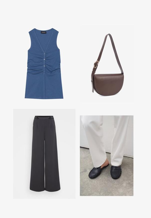 Top sans manches bleu en tissu doux, avec un col en V profond, fermeture à boutons et détail froncé à l'avant.; Pantalons ample en tissu gris foncé. Caractéristiques des plis à l'avant et deux boutons décoratifs sur la taille. Texture lisse et coupe ajustée.; Personne portant un pantalon blanc et des mocassins en cuir noirs sans lacets, debout sur un sol en béton.; Sac bandoulière en cuir marron avec une forme courbée, une sangle réglable et des détails en métal doré. Texture lisse et design minimaliste.