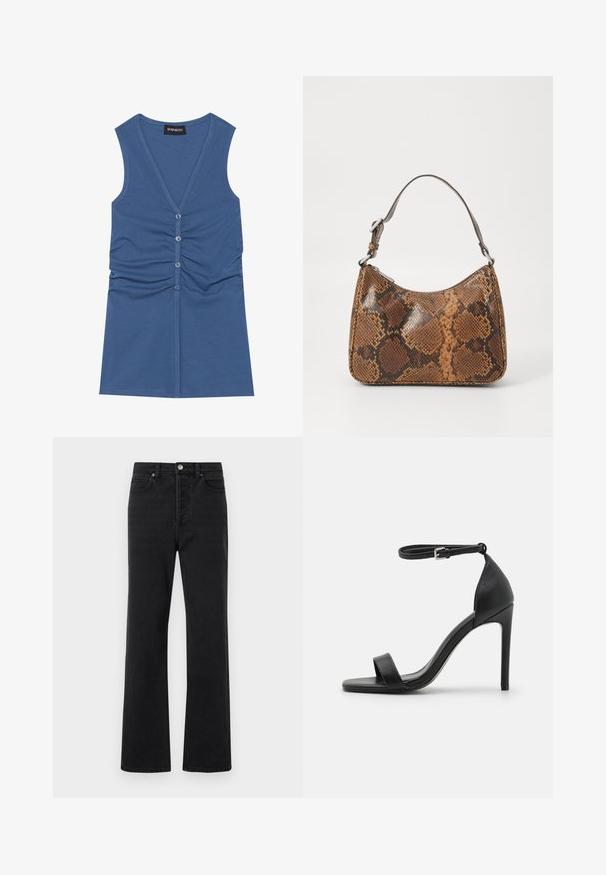 Top sans manches bleu en tissu doux, avec un col en V profond, fermeture à boutons et détail froncé à l'avant.; Jeans en denim noir avec une coupe évasée, cinq poches, une fermeture par bouton à l'avant et des détails de couture subtils. Texture douce avec peu d'usure.; Sandale noire à talons hauts au design épuré, avec une bride au niveau de la cheville, un bout ouvert et une texture en cuir lisse.; Petit sac à main avec un motif en peau de serpent marron et noir, courroie courte et ajustable, et fermeture éclair.