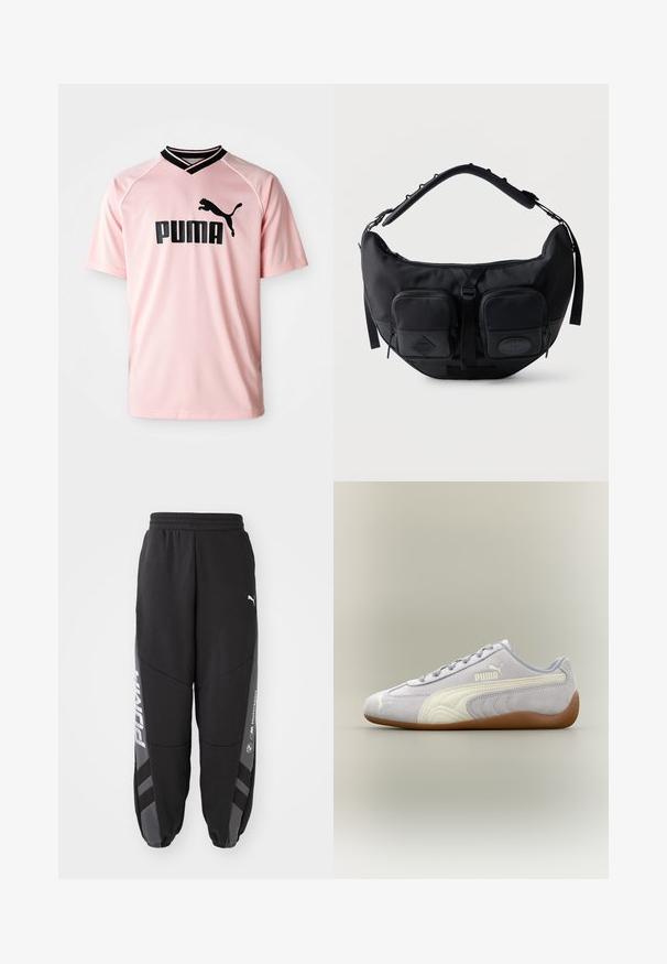 Ružová športová košeľa vyrobená z priedušnej tkaniny. Obsahuje čierny výstrih do V a čierne logo Puma na prednej strane. Krátke rukávy s textúrovaným dizajnom.; Čierne jogger nohavice vyrobené z mäkkého materiálu. Majú elastický pás, zúžené nohy, sivé akcenty a biele logá po stranách.; Svetlosivá semišová teniska Puma s bielym pásikovým detailom a gumovou podrážkou, pohľad z vonkajšej strany na neutrálne pozadie.; Čierna polmesiacová taška na rameno s polstrovaným nastaviteľným remienkom a dvoma prednými vreckami na zips s ťahadlami.