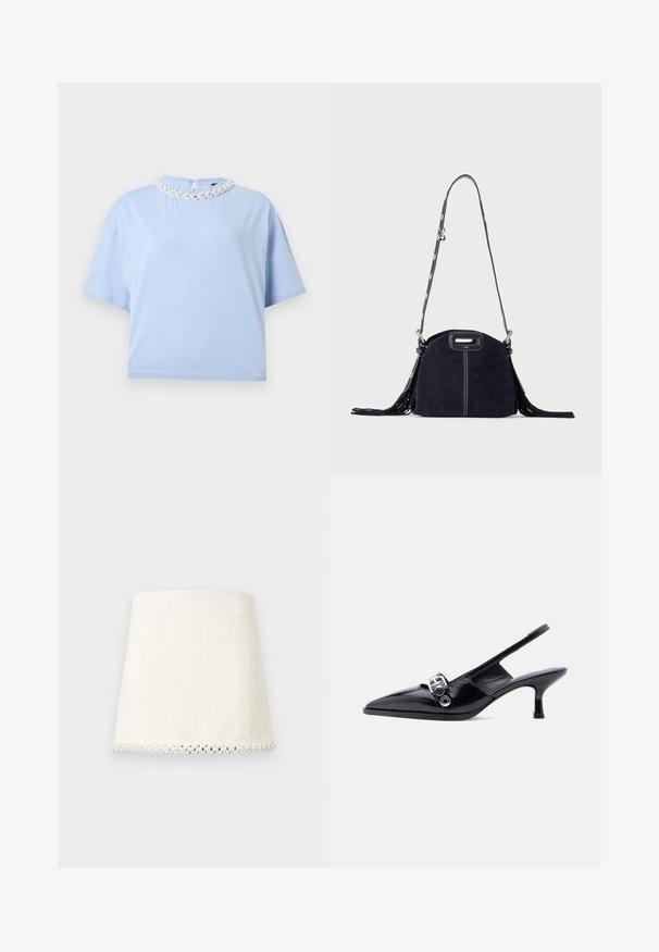 Haut bleu clair à manches courtes avec un col rond orné de broderies florales blanches et de petites perles, sur fond uni.; Mini-jupe blanche texturée à coupe droite, avec une bordure perlée le long de l'ourlet inférieur.; Chaussure à talon bas en cuir verni noir avec bride arrière, bout pointu et détail boucle argentée sur fond blanc uni.; Sac à main en daim bleu foncé avec des coutures blanches, une poignée découpée, une bandoulière à motif et de longues franges des deux côtés.