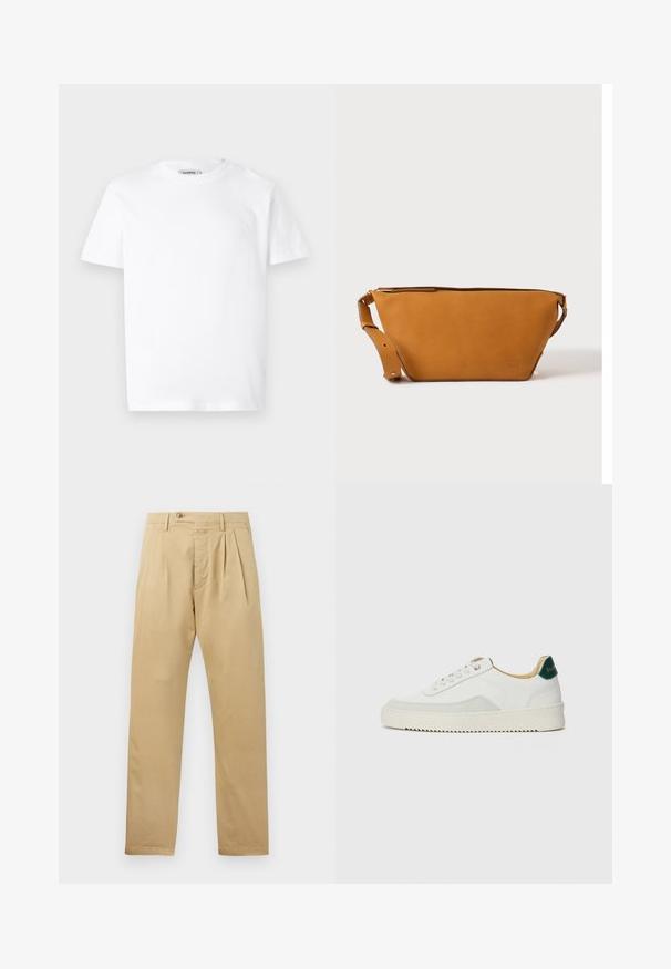 T-shirt en coton blanc avec un col rond et des manches courtes. Présente un petit logo en relief sur la poitrine gauche. Texture lisse.; CLOSED BERGEN TAPERED - Chino - beige; Baskets blanches avec des accents en daim, bout arrondi, lacets plats et semelle en caoutchouc crème. Présente une marque verte sur le talon.; Sac bandoulière en cuir marron clair avec sangle réglable et fermeture éclair, présenté sur un fond clair uni.