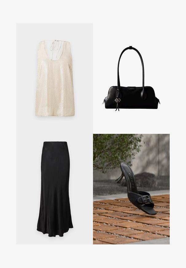 Haut sans manches beige avec un décolleté plongeant, orné de motifs en sequins réfléchissants pour ajouter de la texture et de l'intérêt visuel, et fermeture à nouer dans le dos.; Jupe maxi en satin noir avec une texture lisse, cintrée à la taille, s'évasant doucement vers l'ourlet avec un design simple et épuré.; Mule noire à talon haut avec détail boucle, logo "GUESS" sur la semelle intérieure, flottant au-dessus d'un sol en dalles de bois en extérieur avec un arrière-plan végétal flou.; Sac à main en cuir noir Calvin Klein avec de longues anses, une étiquette logo à l'avant et un charme géométrique argenté suspendu à une anse.