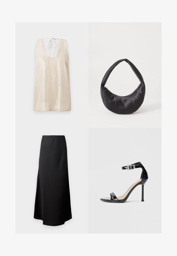 Haut sans manches beige avec un décolleté plongeant, orné de motifs en sequins réfléchissants pour ajouter de la texture et de l'intérêt visuel, et fermeture à nouer dans le dos.; Jupe midi noire avec une texture lisse, conçue avec une taille haute et une fente sur le côté, présentant une silhouette simple et sans ornements.; Sandale à talon haut en cuir verni noir avec bride à la cheville. Présente un design minimaliste, un bout ouvert et une boucle ornée de strass.; Sac à main en satin noir avec une forme courbée, doté d'une fermeture à glissière et d'un logo triangulaire en métal à l'avant. Texture lisse et design épuré.
