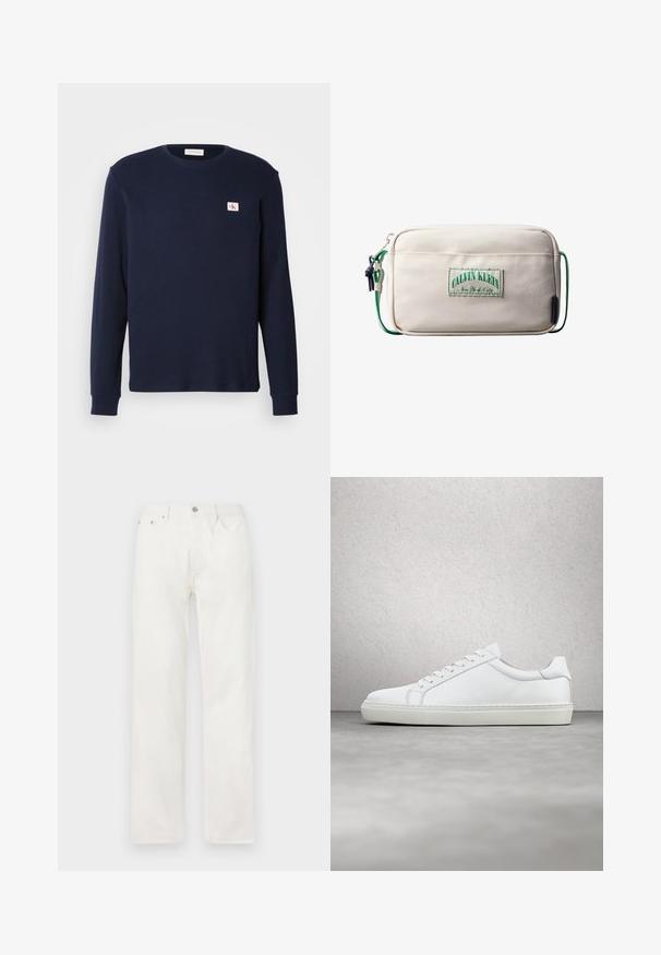 Camisa de manga larga en color marino, hecha de una tela texturizada, con un cuello redondo y un pequeño parche del logo de CK en el lado izquierdo del pecho.; Vaqueros vaqueros blancos de corte recto con bolsillos delanteros, trabillas para el cinturón y cierre con botón en la cintura, mostrados sobre un fondo liso.; Zapatilla blanca con parte superior de cuero liso y perfil bajo. Presenta una puntera redondeada, seis ojales y una suela de goma texturizada.; Bolso bandolera rectangular beige con correa verde y parche frontal con el texto "Calvin Klein New York City" en verde.