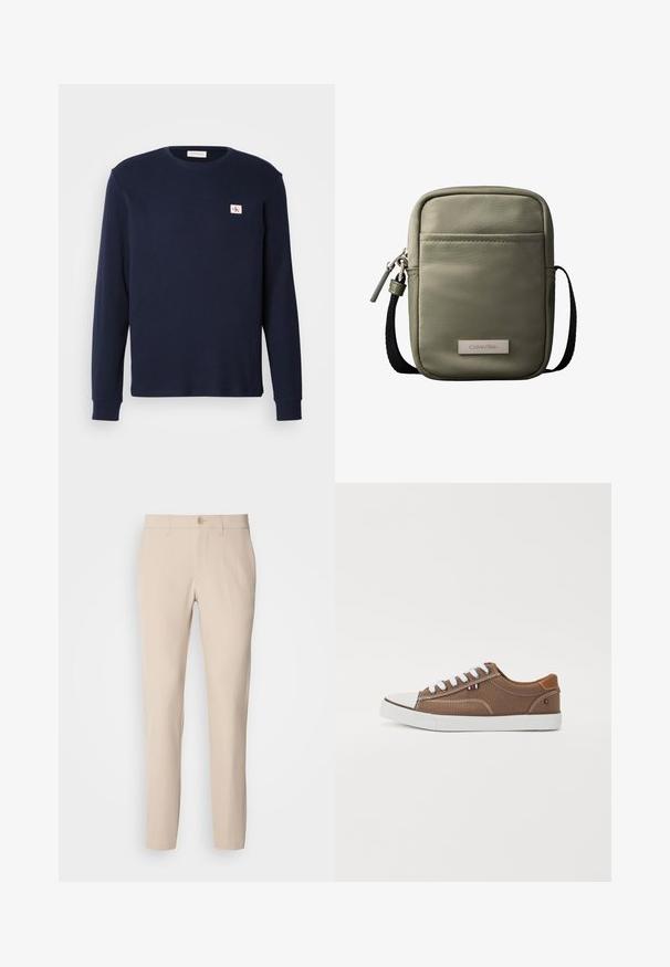 Marineblauwe langemouwen overhemd van gestructureerde stof, met een ronde hals en een klein CK-logo op de linkerborst.; Beige broek van zachte stof, met knoopsluiting, rechte snit en zijzakken. Glad oppervlak met minimale stikdetails.; Bruine canvas sneakers met witte veters, rubberen neuskap en contrasterende tan accenten op de hiel, met een klein driekleurig embleem.; Compact olijfgroene crossbodytas met voorvak, zwarte verstelbare band, ritssluiting en Calvin Klein logoplaatje.