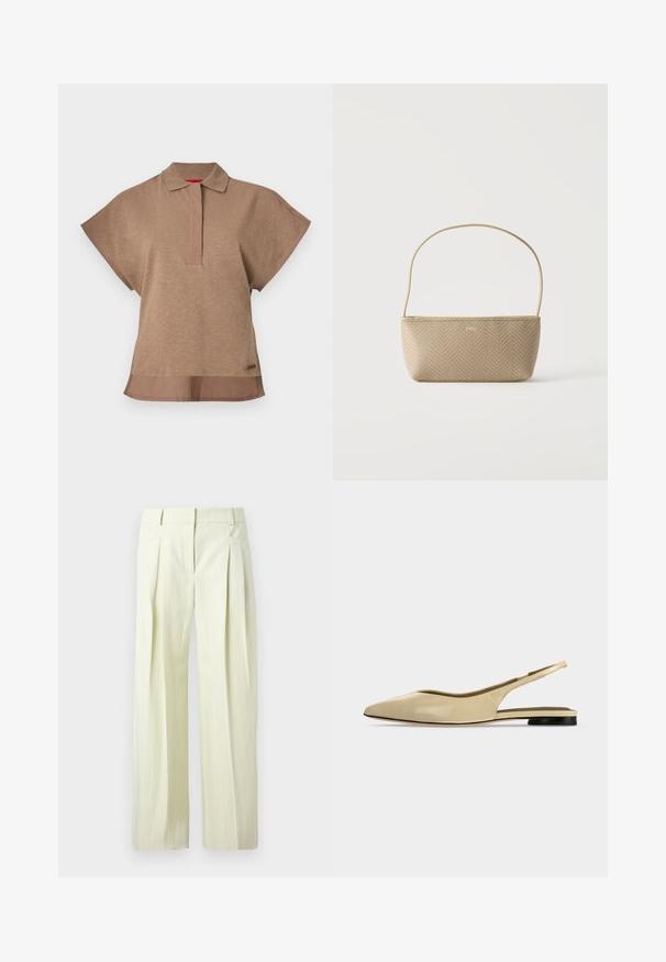 Polo marron à manches courtes avec col, patte de boutonnage avant et ourlet arrière légèrement plus long.; Pantalon ample couleur crème avec fines rayures verticales, plis à l'avant, poches latérales, et passants pour ceinture.; Chaussure plate beige à bout pointu avec bride arrière, petit talon noir et finition en cuir lisse, vue de côté sur un fond uni.; Sac à main tissé beige avec fine bandoulière et petit logo doré "BOSS" à l'avant, présenté sur fond blanc uni.
