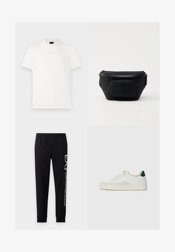Λευκό T-shirt με κοντό μανίκι της Armani Exchange, με μια μικρή ορθογώνια ετικέτα λογότυπου στο στήθος και μαύρη ετικέτα στο γιακά.; Μαύρο παντελόνι φόρμας από μείγμα βαμβακιού, με ελαστική μέση, κομμάτια με κωνική γραμμή, ριμπ μανσέτες και λευκή εκτύπωση λογότυπου κατά μήκος της πλευράς.; Λευκά sneakers με σουέτ λεπτομέρειες, στρογγυλή μύτη, επίπεδα κορδόνια και κρέμα από καουτσούκ σόλα. Διαθέτει πράσινη επωνυμία στη φτέρνα.; Μαύρη νάιλον τσάντα με μπροστινή τσέπη με φερμουάρ, που διαθέτει λεία υφή και λογότυπο. Δομή με επιτηδευμένο σχέδιο και αναδιπλούμενη θήκη.