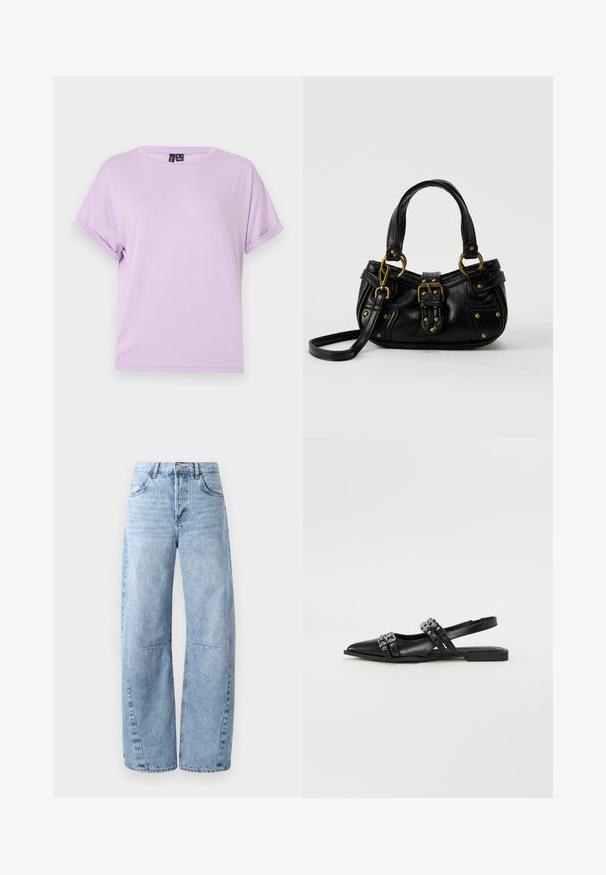 T-shirt lilas à manches courtes en tissu doux, avec une coupe décontractée et des manches retroussées. Encolure ronde simple sans motifs ni accents.; Jeans en denim bleu clair à jambes larges, dotés d'une taille haute, de cinq poches et d'un léger dégradé. Les jambes présentent des coutures et des seams visibles.; Even&Odd by Zalando Ballerines à brides arrière - black; Sac à main en cuir noir avec boucle dorée et détails à rivets, poignées courtes et bandoulière réglable sur fond blanc uni.