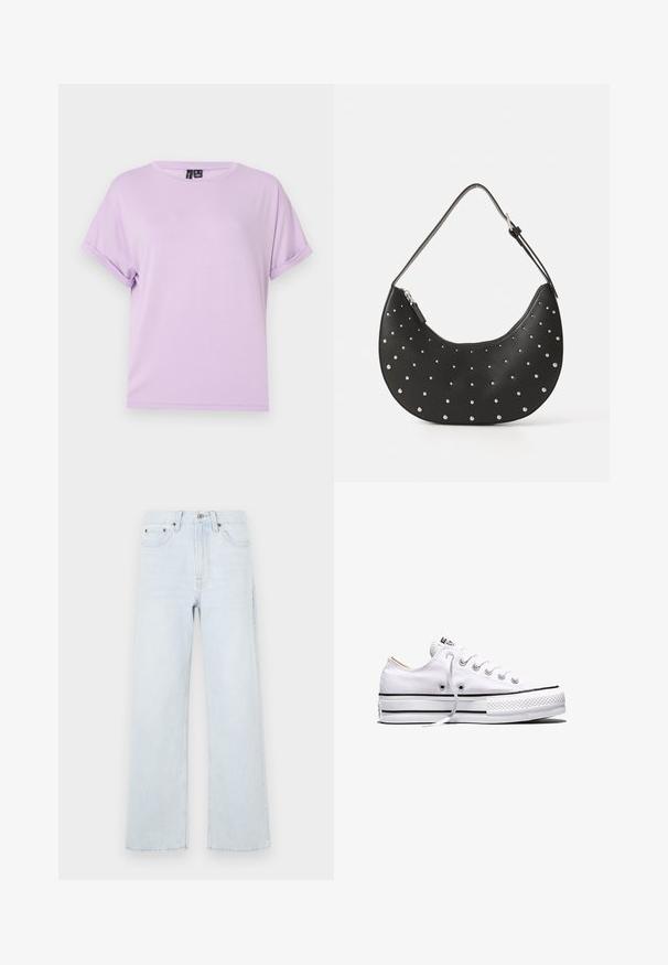 T-shirt lilas à manches courtes en tissu doux, avec une coupe décontractée et des manches retroussées. Encolure ronde simple sans motifs ni accents.; Jeans en denim bleu clair avec une coupe large, dotés d'une fermeture à bouton, de cinq poches et de détails de couture subtils.; Baskets basses en toile blanche avec lacets blancs, bandes noires sur la semelle et embout en caoutchouc texturé, vue de côté sur fond blanc.; Sac à main en cuir noir avec une forme arrondie, orné de clous en argent, doté d'une fermeture éclair et d'une seule sangle ajustable.