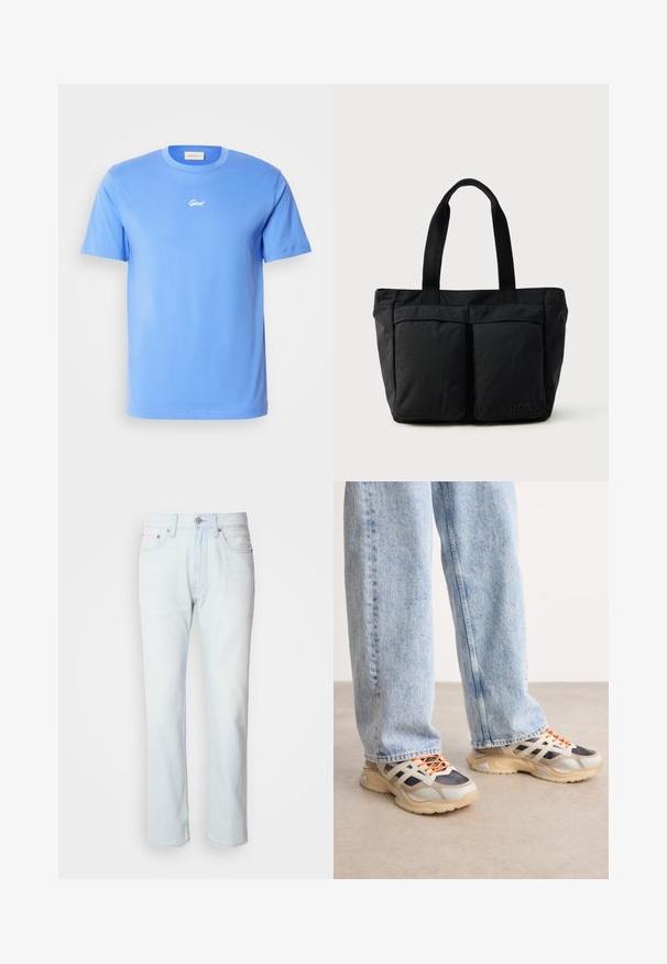 Blaues kurzärmliges Baumwoll-T-Shirt mit Rundhalsausschnitt, das ein kleines weißes "Gant"-Logo in der Mitte der Brust trägt. Weicher Stoff, lässige Passform.; Hellblaue Jeans mit geradem Bein. Verfügt über einen Knopfverschluss und Gürtelschlaufen, präsentiert eine ausgebleichte Textur und minimale Nähte.; Sportliche Sneakers, die eine Mischung aus grauen, schwarzen und cremefarbenen Materialien aufweisen. Gekennzeichnet durch strukturierte Einsätze und orangefarbene Schnürsenkel, mit einer robusten Sohle.; Schwarze Tragetasche aus weichem Stoff, mit zwei vorderen Taschen und stabilen Tragegriffen. Logo an der Seite angebracht. Einfaches, funktionales Design.