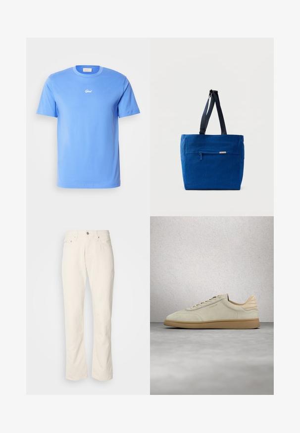 Blaues kurzärmliges Baumwoll-T-Shirt mit Rundhalsausschnitt, das ein kleines weißes "Gant"-Logo in der Mitte der Brust trägt. Weicher Stoff, lässige Passform.; Beige Baumwolljeans mit klassischem geradem Bein, ausgestattet mit einem Frontknopfverschluss, fünf Taschen und dezenten Nähdetails.; Beiger Wildleder-Sneaker mit strukturierter Gummilaufsohle in Kaugummioptik. Ausgestattet mit flachen Schnürsenkeln, einer abgerundeten Zehenpartie und dezentem Branding an der Seite. Leicht gepolsterter Schaftrand.; Blaue Canvas-Einkaufstasche mit einer vorderen Reißverschlusstasche, doppelten Schulterriemen und rechteckiger Form. Verfügt über ein dezentes Markenlabel.