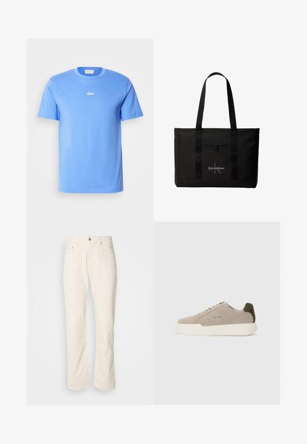 T-shirt en coton bleu à manches courtes avec un col rond, présentant un petit logo blanc "Gant" centré sur la poitrine. Texture douce, coupe décontractée.; Jeans en coton beige avec un design classique à jambe droite, comportant une fermeture à bouton à l'avant, cinq poches et des détails de couture subtils.; Baskets en suède beige avec une semelle en caoutchouc blanche, présentant un accent de talon vert foncé et une branding subtile sur le côté.; Sac cabas noir Calvin Klein avec deux longues poignées et une poche avant, avec le logo de la marque en blanc et gris.