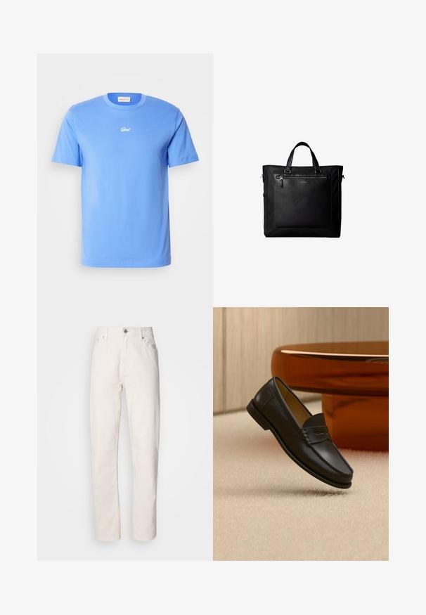 T-shirt en coton bleu à manches courtes avec un col rond, présentant un petit logo blanc "Gant" centré sur la poitrine. Texture douce, coupe décontractée.; Jeans en denim blanc à jambe droite, avec fermeture à bouton et à fermeture éclair, passants de ceinture, et poches avant et arrière, présentés sur fond uni.; Chaussure mocassin en cuir noir suspendue au-dessus d’un tapis beige avec du mobilier moderne couleur ambre en arrière-plan.; Sac cabas noir avec doubles poignées, grande poche avant en cuir avec fermeture éclair et logo discret Calvin Klein au centre de la poche.