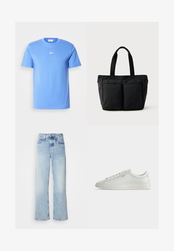 T-shirt en coton bleu à manches courtes avec un col rond, présentant un petit logo blanc "Gant" centré sur la poitrine. Texture douce, coupe décontractée.; Jean large bleu clair à taille haute, avec une finition délavée, des passants de ceinture et un design classique à cinq poches. L'ourlet est brut.; Baskets basses blanches en cuir avec lacets, semelle plate et petit logo doré "BOSS" sur le côté, vues de l'extérieur.; Sac fourre-tout noir en tissu doux, avec deux poches avant et des anses robustes. Logo affiché sur le côté. Design simple et fonctionnel.