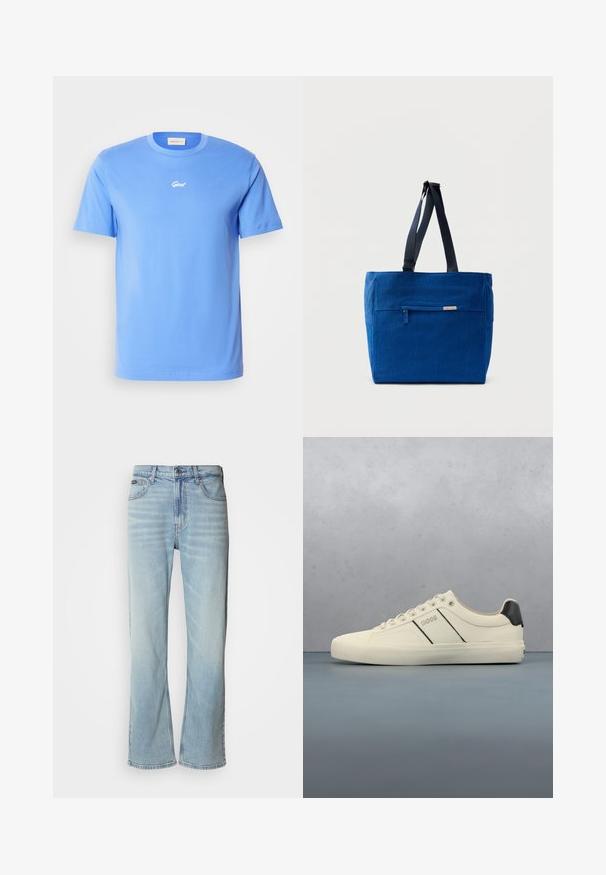 Blaues kurzärmliges Baumwoll-T-Shirt mit Rundhalsausschnitt, das ein kleines weißes "Gant"-Logo in der Mitte der Brust trägt. Weicher Stoff, lässige Passform.; Hellblaue Jeans aus Denim mit geradem Bein, ausgestattet mit fünf Taschen, einem Knopfverschluss und subtilen Verwaschungen im Stoff.; Cremfarbene Sneaker mit glatter Oberfläche, die schwarze Akzente und Markenlogo aufweisen. Klassisches Schnürdesign mit runder Zehenform und Gummisohle.; Blaue Canvas-Einkaufstasche mit einer vorderen Reißverschlusstasche, doppelten Schulterriemen und rechteckiger Form. Verfügt über ein dezentes Markenlabel.
