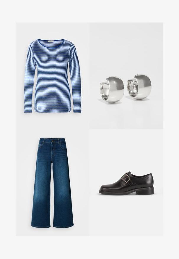 Langærmet skjorte med scoop-hals, prydet med skiftende blå og hvide vandrette striber. Fremstillet af blødt, letvægtsstof.; Viddejeans lavet af mørkeblå denim. Har høj talje, knaplukning og klassisk fem-lomme design med subtile falme.; Sorte læder herresko med rund tå, detaljer med sidelukning, og en struktureret sål, sat mod en simpel hvid baggrund.; Uncommon Matters SCULPTURAL LARGE CREOLE - Øreringe - silver-coloured