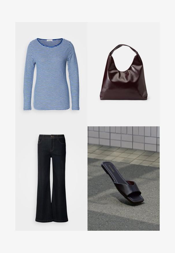 Camisa de manga larga con escote redondeado, que presenta rayas horizontales alternadas en azul y blanco. Fabricada con un tejido suave y ligero.; Mos Mosh MMDARA DELUXE JEANS - Vaqueros boyfriend - dark blue; Sandalia tipo slide de cuero marrón oscuro con punta cuadrada y tiras anchas, descansando sobre asfalto gris cerca de una acera adoquinada.; Bolso tote vegan de cuero brillante en burdeos, con una forma suave y escultórica y un asa ancha y curvada para facilitar el transporte.