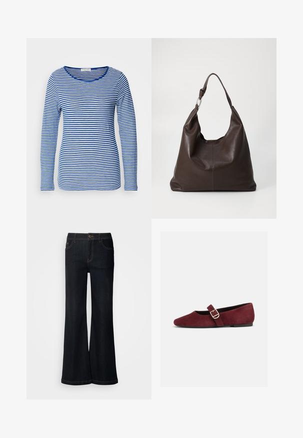 Langærmet skjorte med scoop-hals, prydet med skiftende blå og hvide vandrette striber. Fremstillet af blødt, letvægtsstof.; Mos Mosh MMDARA DELUXE JEANS - Jeans Relaxed Fit - dark blue; Flad burgundy ruskind Mary Jane-sko med guldspænde og sort sål, vist fra siden på hvid baggrund.; Zign by Zalando LEATHER - Shopping bags - chocolate brown