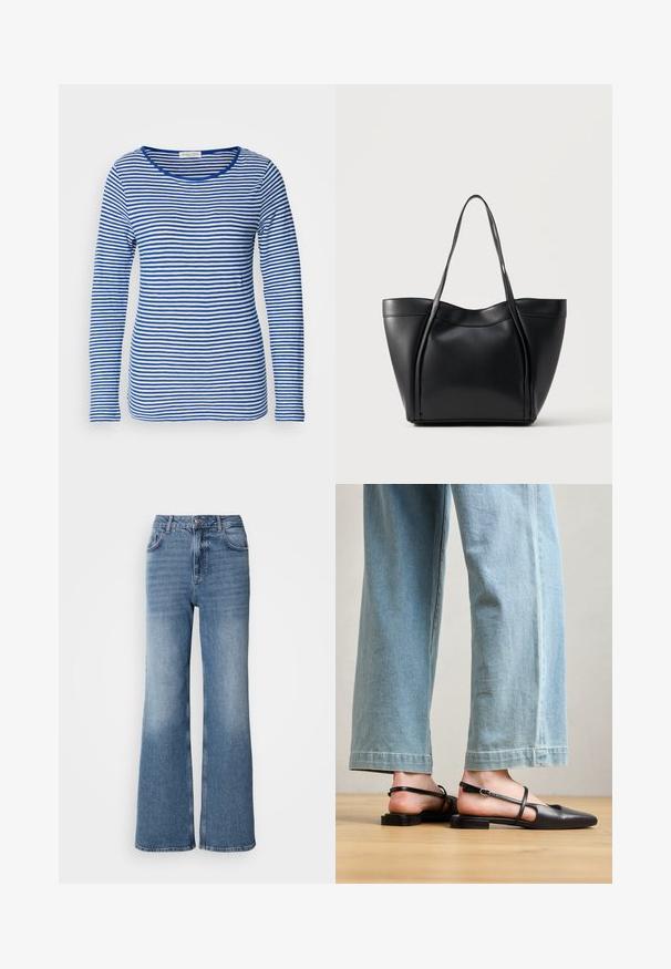 Langsleeve shirt met een ronde hals, met afwisselend blauwe en witte horizontale strepen. Gemaakt van zachte, lichte stof.; Mos Mosh MAI - Straight leg jeans - blue wash; Zwarte leren slingback schoenen met een spitse neus, platte hak en enkelband; gedragen met lichtblauwe wijde jeans.; Zwarte leren tote-tas met twee lange handvatten en een licht gebogen bovenrand, getoond tegen een effen lichte achtergrond.