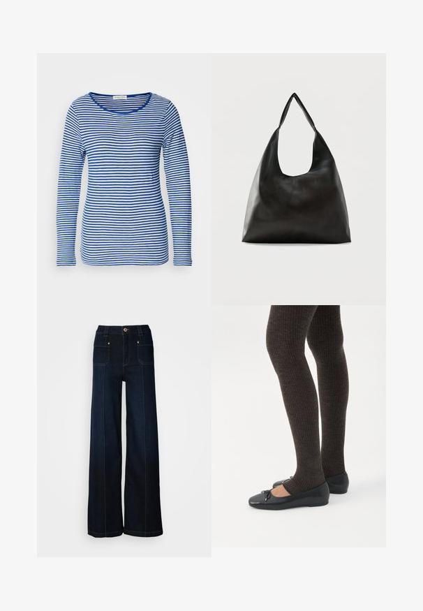 Langærmet skjorte med scoop-hals, prydet med skiftende blå og hvide vandrette striber. Fremstillet af blødt, letvægtsstof.; Bredde ben denimjeans i mørkeblå. Har forlommer, guldfarvet hardware og kontrasterende syninger. Glat tekstur med et afslappet design.; Ben iført mørke ribbede leggings kombineret med sorte balletsko med små sløjfedetaljer på hvid baggrund.; Sort skuldertaske i glat læder med en bred, enkelt strop og et afslappet, minimalistisk design mod en ensfarvet baggrund.