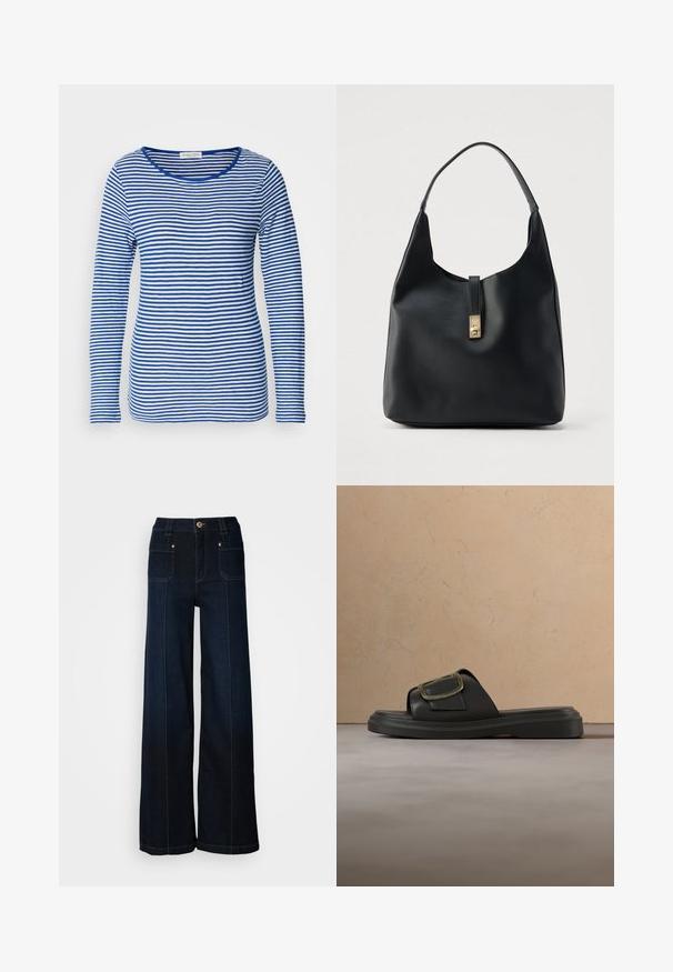 Langærmet skjorte med scoop-hals, prydet med skiftende blå og hvide vandrette striber. Fremstillet af blødt, letvægtsstof.; Bredde ben denimjeans i mørkeblå. Har forlommer, guldfarvet hardware og kontrasterende syninger. Glat tekstur med et afslappet design.; Sort slip-on sandal med bred rem og stor guldspænde, som ligger på et beige tæppegulv nær en lys brun sofa.; Sort læderhobo-taske med en tekstureret overflade, der har en guldfarvet lås og et enkelt buet håndtag til bæring over skulderen.