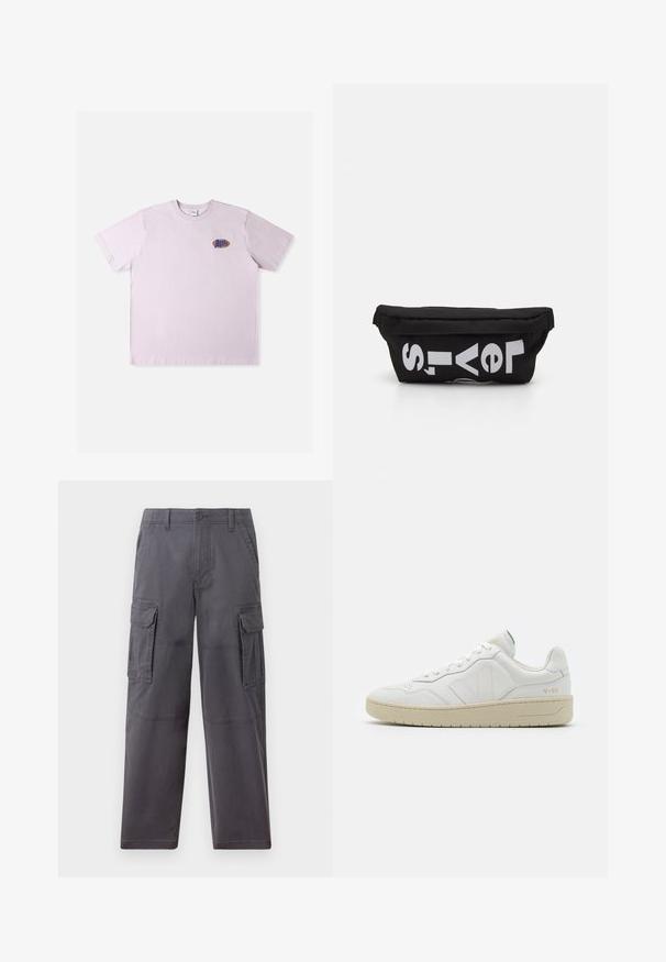 Roze katoenen T-shirt met korte mouwen, met een klein meerkleurig logo op de linkerborst. Eenvoudig, ontspannen ontwerp.; Hollister Co. SKATER BAGGY - Cargobroek - grey; Witte leren sneakers met een gestructureerde afwerking en een gevoerde kraag. Voorzien van een beige rubberen zool en subtiele branding op de hiel en zijkant.; Zwarte stoffen tas met een platte vorm, voorzien van vet witte tekst. De ritssluiting bevindt zich aan de bovenkant, met een lus-detail aan één kant.