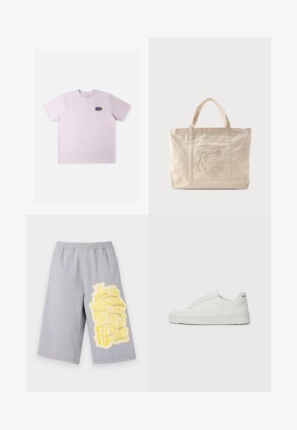 Ružové bavlnené tričko s krátkymi rukávmi, s malým viacfarebným logom na ľavej strane hrudníka. Jednoduchý, uvoľnený dizajn.; Šedé bavlnené šortky s elastickým pásom, so širokým žltým grafickým potlačou a roztrhnutými okrajmi na ľavom stehne.; Biele kožené tenisky s hladkým povrchom, okrúly špičkový dizajn, ploché šnúrky a textúrovaná podrážka. Obsahujú jemné logo na päte.; Béžová plátenná taška s dvojitými rukoväťami a reliéfnym motívom vlčej hlavy na prednom vrecku.