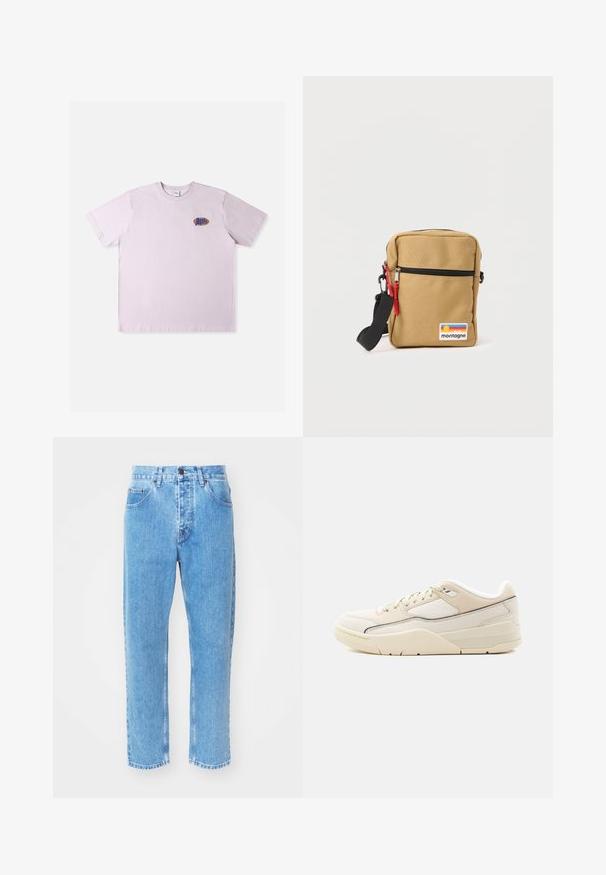 Lyserød bomuld T-shirt med korte ærmer, med en lille flerfarvet logo på venstre brystområde. Enkel, afslappet design.; Lyseblå denimjeans har en lige ben-design, fem lommer og en klassisk knaplukning i taljen.; Lavtopet sneaker i cremefarve med beige accenter, snørelukning, polstret krave og tekstureret sål på en ensartet lys baggrund.; Lille lysebrun crossbody taske med sort lynlås, røde lynlåstræk, justerbar sort rem og farverig "montagne" patch på fronten.