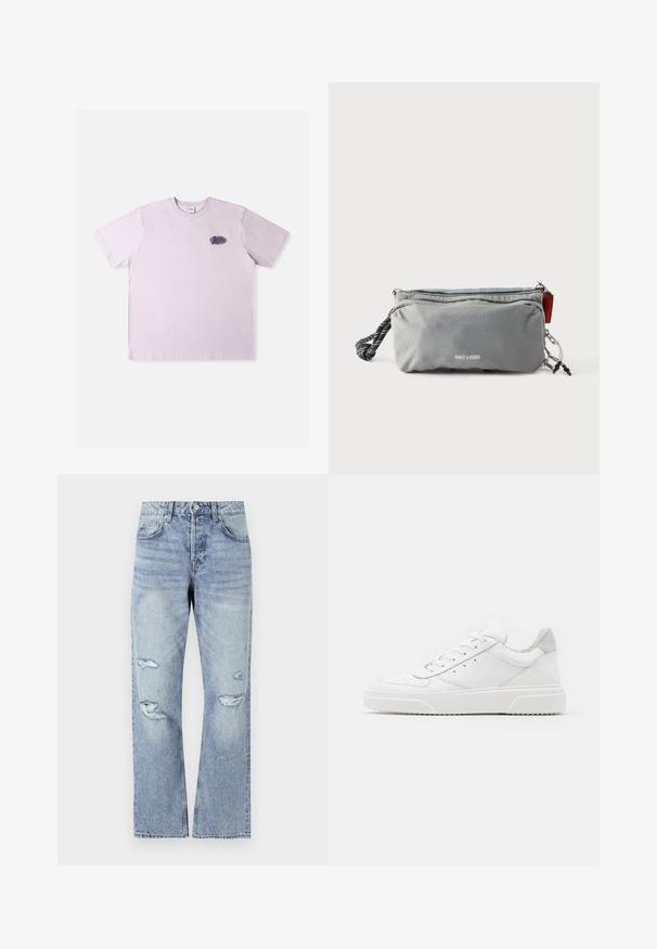 Lyserød bomuld T-shirt med korte ærmer, med en lille flerfarvet logo på venstre brystområde. Enkel, afslappet design.; Lyseblå denim jeans med lige ben design, der har slidte huller ved knæene og en klassisk fem-lommer stil.; Hvide lædersneakers med en glat finish, rund tå, flade snørebånd og en struktureret sål. Grå ruskindsdetalje ved hælen.; Grå rektangulær pung med lynlåse, sort-hvidt tovshåndtag på den ene side og teksten "ONLY & SONS" foran i centrum.