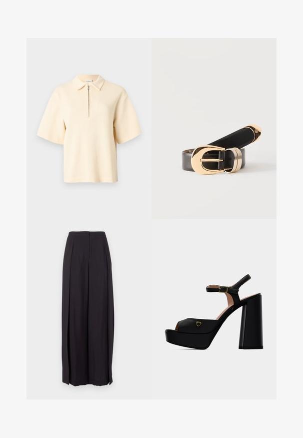 Polo beige à manches courtes avec un tissage texturé, doté d'une fermeture éclair à mi-hauteur et d'un col classique.; Pantalon noir à taille haute et jambes larges avec un bouton frontal et une fermeture éclair dissimulée, doté de plis latéraux subtils.; Sandale noire à plateforme et talon haut avec bride à la cheville, boucle dorée, bout ouvert et petite décoration en cœur doré sur la bride avant.; Ceinture en cuir noir roulée avec une boucle ovale dorée et plusieurs anneaux métalliques dorés sur un fond clair uni.