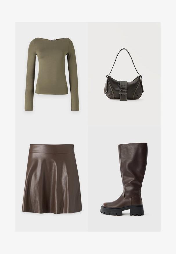 Top verde oliva de manga larga con un diseño ajustado, hecho de una tela suave y elástica con un escote ancho y costuras mínimas.; Falda en línea A de cuero sintético marrón oscuro con una cintura alta y una textura lisa y ligeramente brillante.; Bota alta hasta la rodilla de cuero marrón con suela negra gruesa, textura suave, punta redondeada y detalles de costura mínimos.; Bolso de hombro de cuero negro con detalle de correa con hebilla, bordes curvos y costuras blancas en contraste sobre un fondo liso.