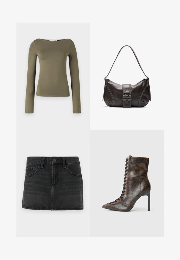 Καφέ πράσινο μπλουζάκι μακρύ μανίκι με εφαρμοστή σχεδίαση, κατασκευασμένο από ομαλό, ελαστικό ύφασμα με φαρδύ λαιμό και ελάχιστες ραφές.; Μαύρη τζιν φούστα με εφαρμοστό σχέδιο, πέντε τσέπες και ζώνη. Διαθέτει μεταλλικό κούμπωμα και μικρές φθορές.; Καφέ δερμάτινο μποτάκι μέχρι τον αστράγαλο με μυτερή μύτη και ψηλό τακούνι στιλέτο. Διαθέτει κορδόνια μπροστά και υφή από ραμμένο σχέδιο.; Καφέ δερμάτινη τσάντα ώμου με καμπύλη μορφή, που διαθέτει έντονη διάκοσμηση από κούμπωμα, αντίθετη ραφή και μία μόνο λουρί ώμου.
