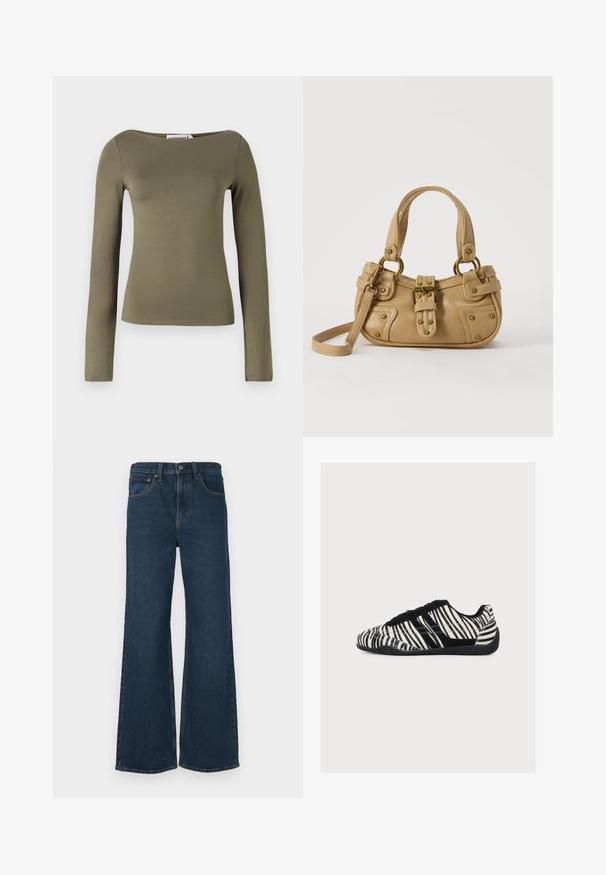 Top verde oliva de manga larga con un diseño ajustado, hecho de una tela suave y elástica con un escote ancho y costuras mínimas.; Jeans de mezclilla de lavado oscuro y acampanados. Presentan cinco bolsillos, un cierre de botón y costuras visibles en las costuras.; Zapatilla de perfil bajo con rayas de cebra en blanco y negro, cordones negros y suela negra texturizada, vista de lado sobre un fondo blanco.; Bolso de cuero beige con doble asa, hebilla y remaches de latón, y una correa de hombro ajustable sobre un fondo blanco.