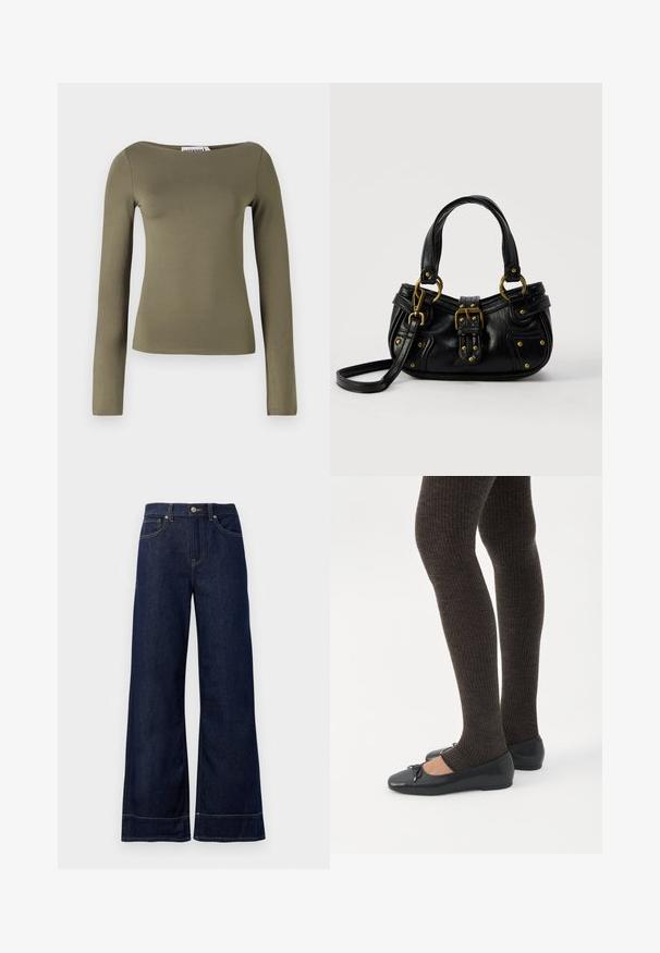 Top verde oliva de manga larga con un diseño ajustado, hecho de una tela suave y elástica con un escote ancho y costuras mínimas.; Jeans rectos de mezclilla color azul oscuro. Presentan un cierre de botón, detalles de costura y bolsillos laterales. Dobladillo acampanado.; Piernas con leggings oscuros acanalados combinados con bailarinas negras que presentan pequeños detalles de lazo sobre un fondo blanco.; Bolso de cuero negro con hebilla y detalles de remaches dorados, asas cortas y una correa de hombro ajustable sobre un fondo blanco liso.