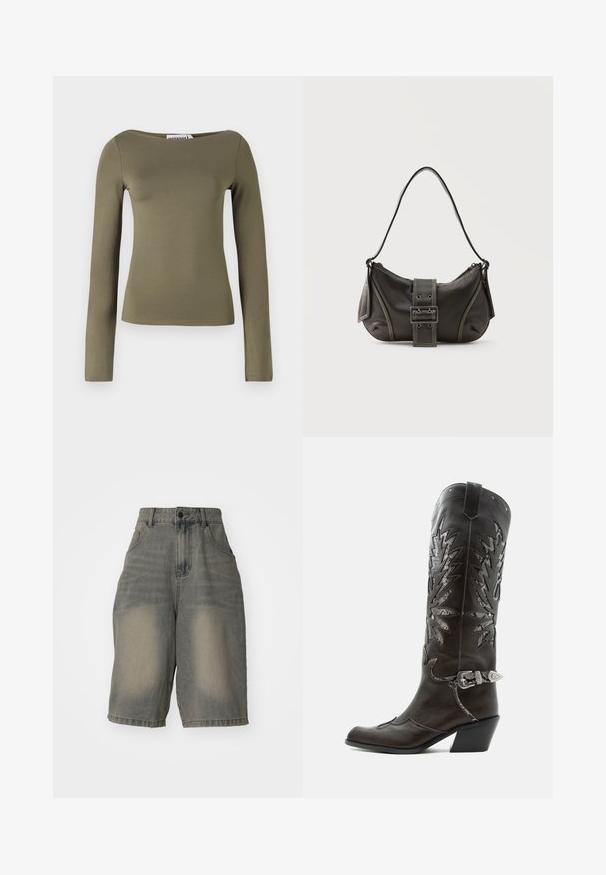 Top verde oliva de manga larga con un diseño ajustado, hecho de una tela suave y elástica con un escote ancho y costuras mínimas.; Jaded London LIGHT WASH JUMBO JORTS - Shorts vaqueros - light wash; Bota cowboy de cuero negro con recortes decorativos, hebilla plateada y tacón inclinado, presentada sobre fondo blanco.; Bolso de hombro de cuero negro con detalle de correa con hebilla, bordes curvos y costuras blancas en contraste sobre un fondo liso.