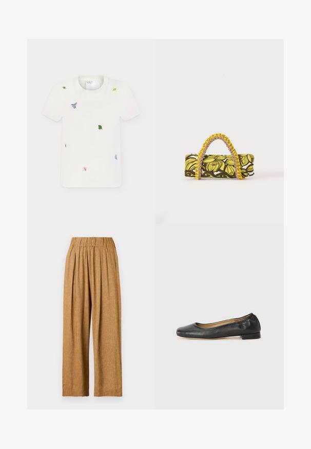 White short-sleeve t-shirt with small colorful embroidered floral and leaf patterns scattered on the front.; Loose-fitting tan trousers with a textured fabric, featuring a gathered waistband and front pleats for added shape and comfort.; Black leather ballet flats with a rounded toe and minimal stitching. Low, rectangular heel and smooth texture. Subtle interior lining detail.; Rectangular bag with yellow and black floral pattern and braided yellow and pink handle on white background.