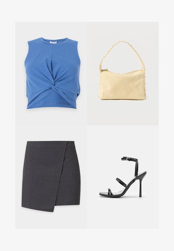 Sininen ilmanhiha crop-top, jossa on solmittu etuosan muotoilu. Valmistettu pehmeästä ja venyvästä kankaasta, jossa on sileä tekstuuri. Pyöreä kaula-aukko.; Tummanharmaa kietaisutyylinen minihame, jossa selkeät linjat ja hienovarainen sivusuunnassa oleva päällekkäisyys.; Musta patenttineuleinen korkeakorko sandaalit, joissa on kolme vaakasuoraa hihnaa ja säädettävä nilkkahihna. Tyylikäs siluetti ja kiiltävä pinta.; Pieni beige nahkalaukku, jossa on yksittäinen hihna ja hopeiset niitit reunoilla ja hihnassa, vaaleaa taustaa vasten.