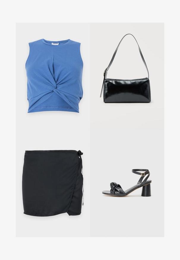 Modrý bezrámový crop top má uzlový predný dizajn. Je vyrobený z mäkkého, elastického materiálu s hladkou textúrou. Okrúhly výstrih.; Čierna plavecká sukňa s viazaním, vyrobená z ľahkej látky. Obsahuje bočné zapínanie a hladkú textúru.; Čierne kožené sandále na vysokom opätku s uzlovým predným dizajnom, otvorenou špičkou a popruhom okolo členka; majú masívny, valcovitý opätok.; Čierna obdĺžniková kabelka na rameno s jedným nastaviteľným remienkom a horným zipsom na jednofarebnom pozadí.