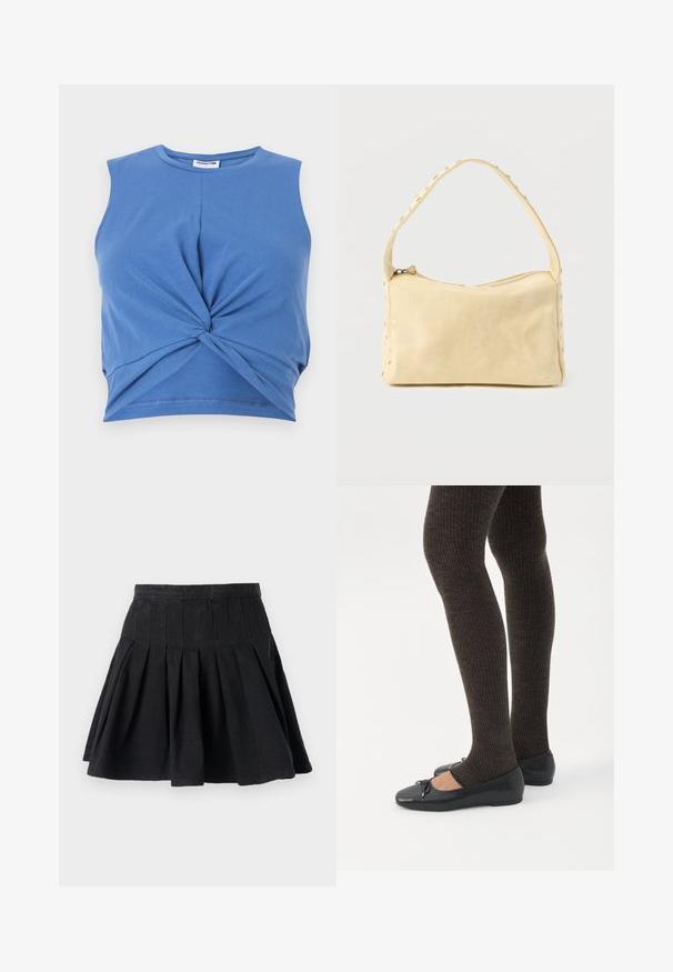 Modrý bezrámový crop top má uzlový predný dizajn. Je vyrobený z mäkkého, elastického materiálu s hladkou textúrou. Okrúhly výstrih.; Čierna plisovaná sukňa vyrobená z bavlnenej látky. Má priliehavý pás a rozšírený lem. Jednoduchý dizajn bez viditeľných vzorov alebo ozdôb.; Nohy v tmavých pásikavých legínach v kombinácii s čiernymi balerínkami s malými mašličkami na bielom pozadí.; Malá béžová kožená kabelka s jedným remienkom a striebornými cvokmi pozdĺž okrajov a remienka, na jednoduchom pozadí.
