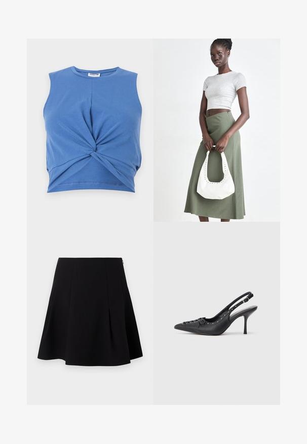 Blå ærmeløs crop top med knudedesign foran. Fremstillet af blødt, strækbart stof med en glat tekstur. Rund halsudskæring.; Sort flared nederdel med folder foran, en glat tekstur og en skjult lynlås lukning bagpå.; Sorte læder slingback stiletto med spids tå, side spændebånd, nitter langs kanten og dekorativ snøring foran.; Grå ribbet crop top og olivengrøn højhøjdet nederdel. Modellen holder en hvid skuldertaske med udskæringsdetaljer. Enkel design, tætsiddende silhuet.